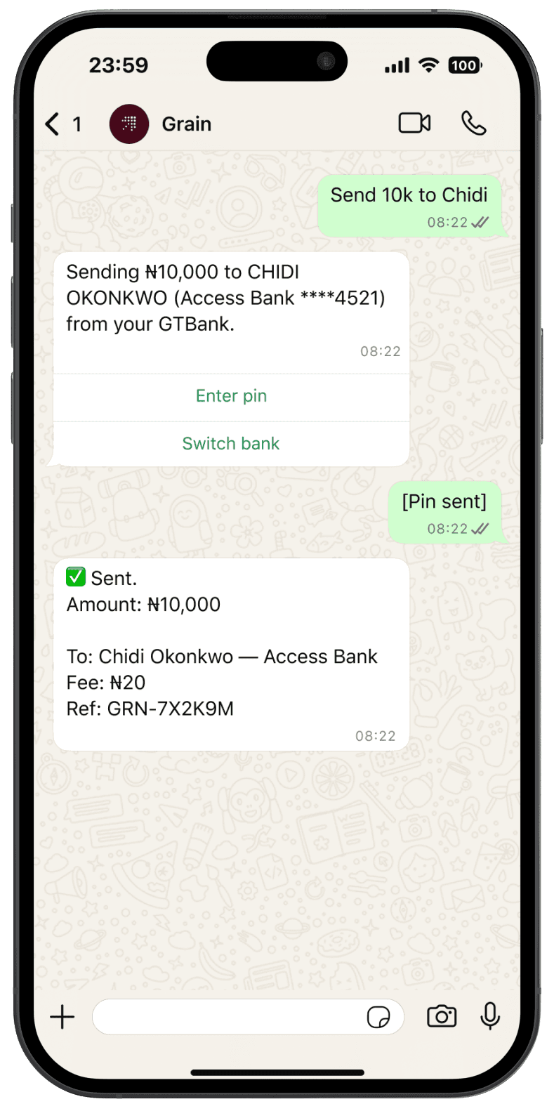 Grain confirming a transfer to Chidi in WhatsApp