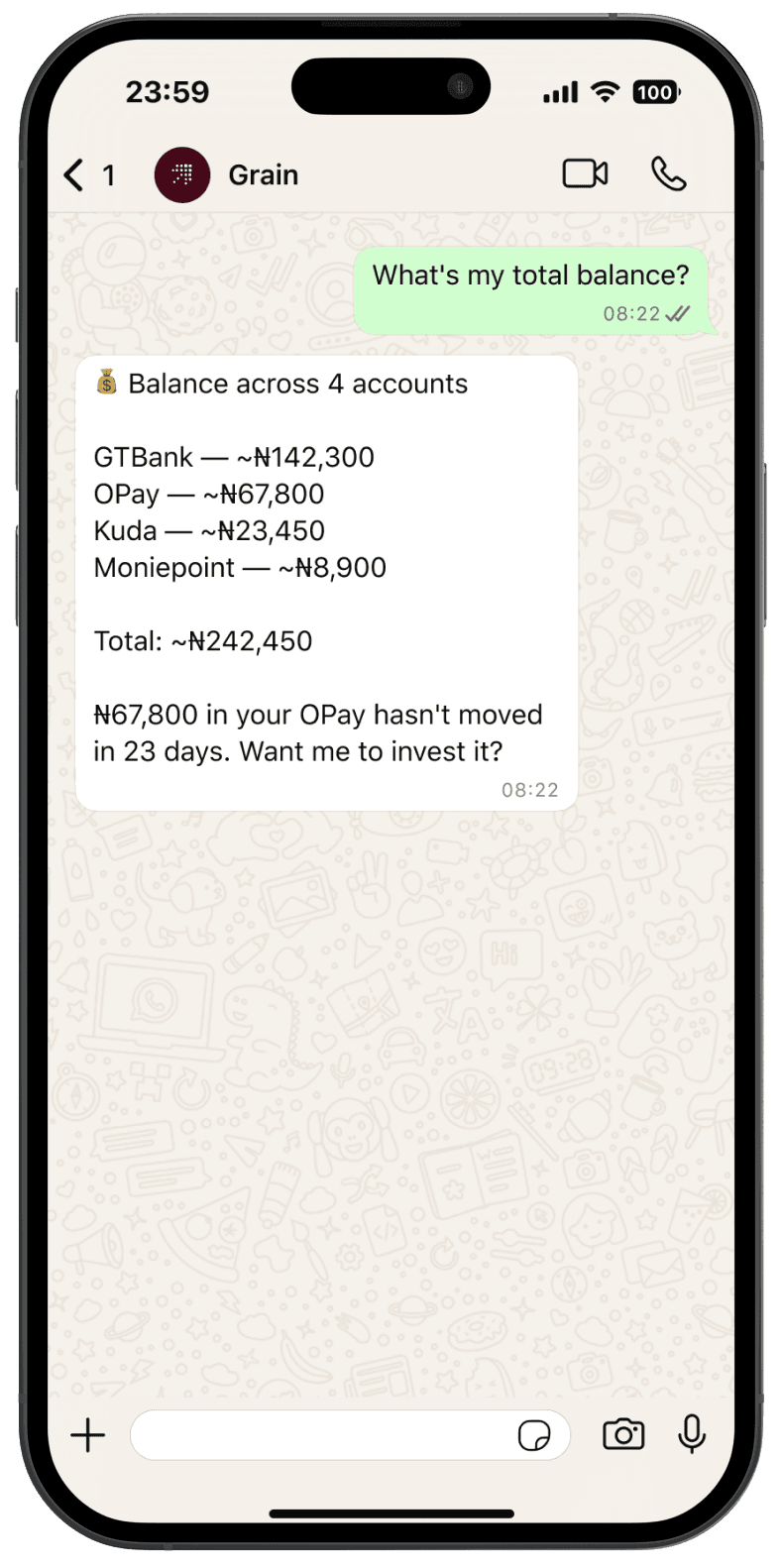 Grain showing combined balances across GTBank, OPay, Kuda, and Moniepoint in WhatsApp