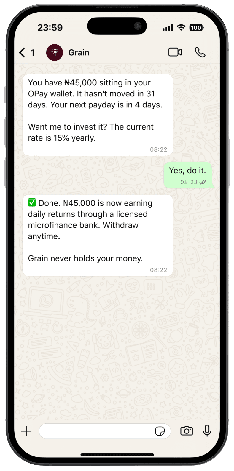Grain offering to invest idle OPay balance in WhatsApp