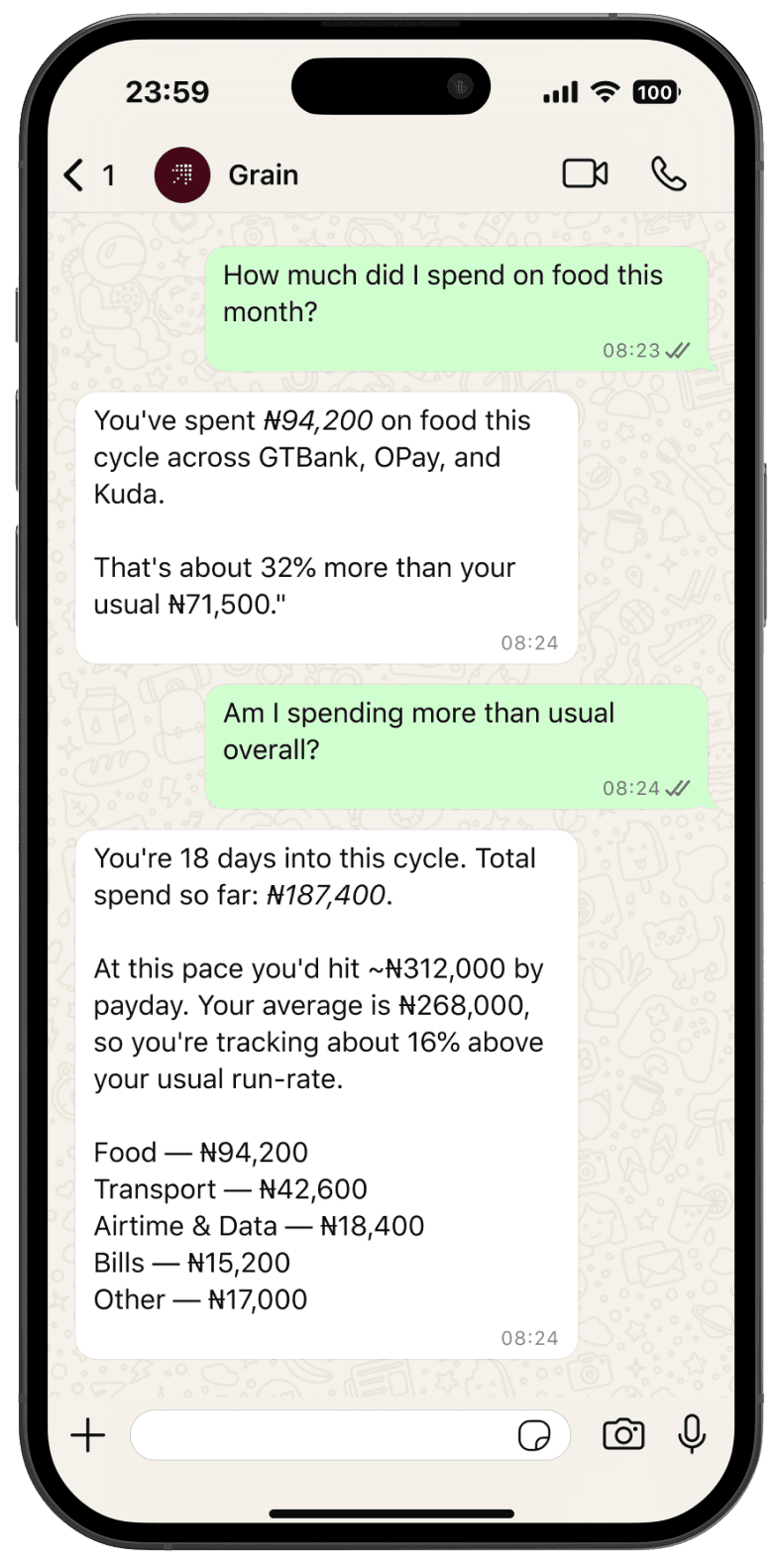 Grain answering a spending question in WhatsApp